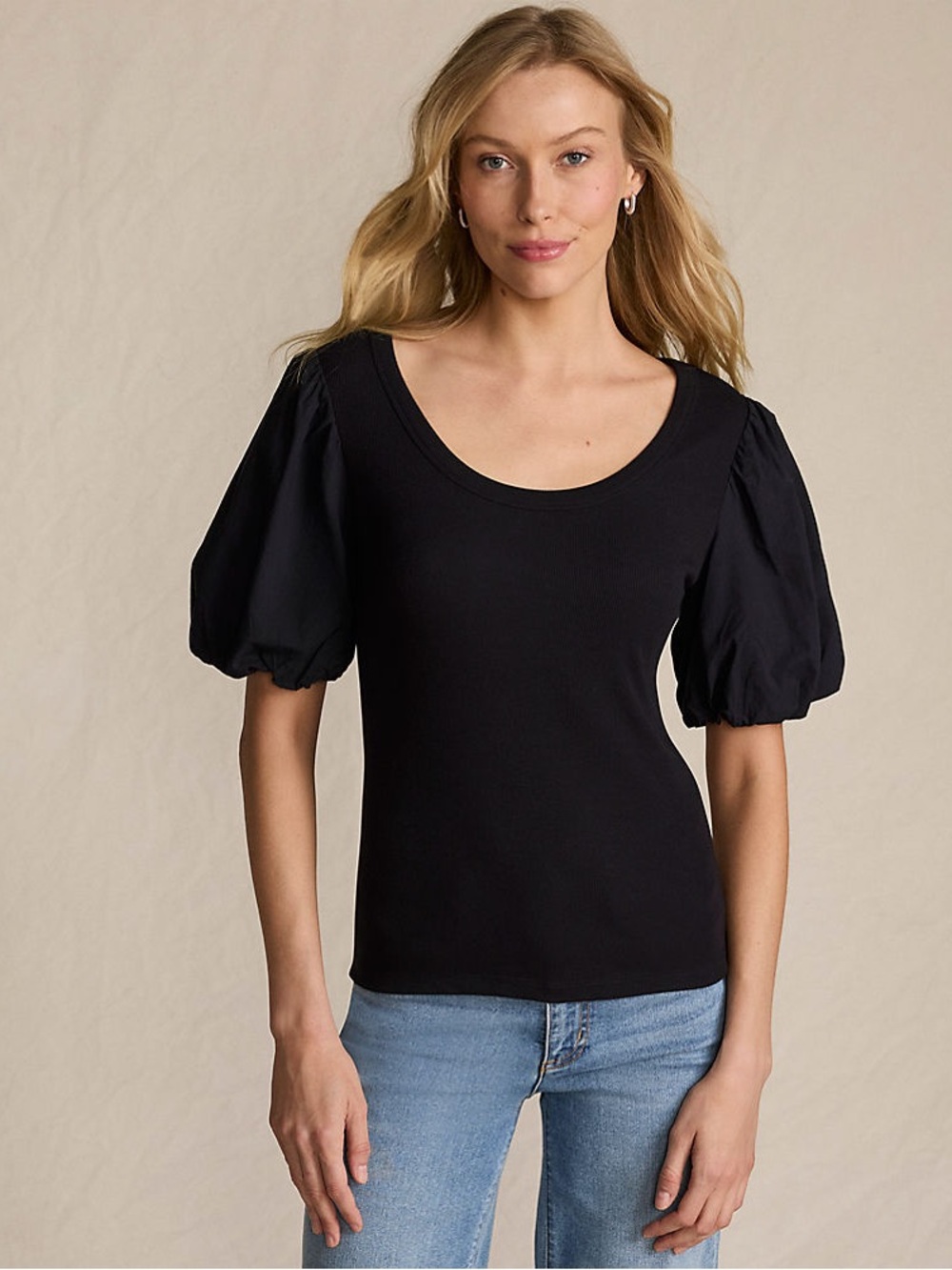 INC International Concepts Black Puff Sleeve Scoop Neck Cotton Top Size Medium